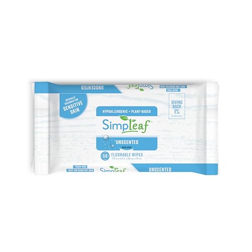 Simpleaf Flushable Wet Wipes Unscented | Plastic Free, Paraben & Alcohol Free | Hypoallergenic & Safe for Sensitive Skin | Soothing Aloe Formula | Adult Toilet Wipes (3 x 50 Counts Pack) 150 Counts