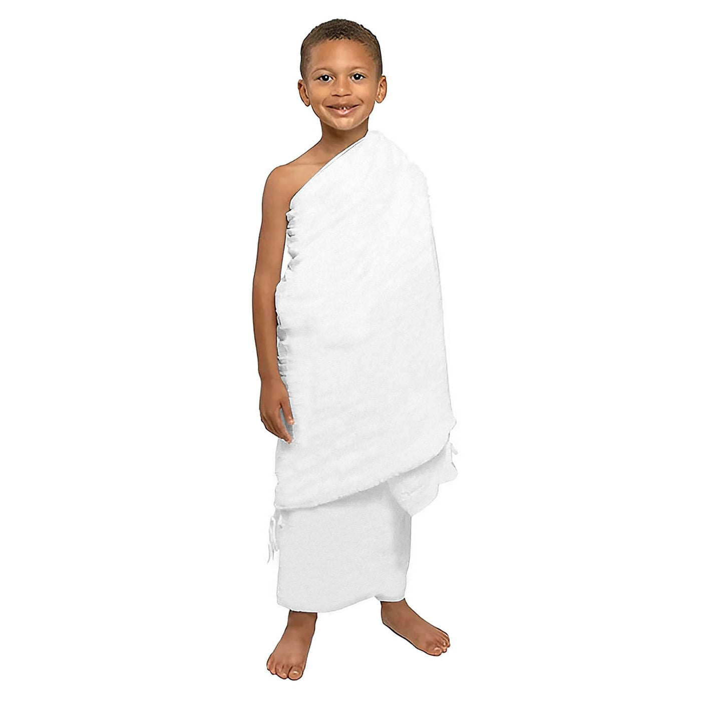 Child wearing a white towel on a white background