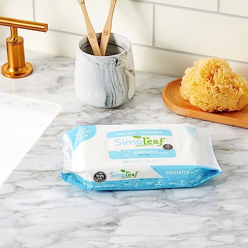 Simpleaf Flushable Wet Wipes Unscented | Plastic Free, Paraben & Alcohol Free | Hypoallergenic & Safe for Sensitive Skin | Soothing Aloe Formula | Adult Toilet Wipes (3 x 50 Counts Pack) 150 Counts