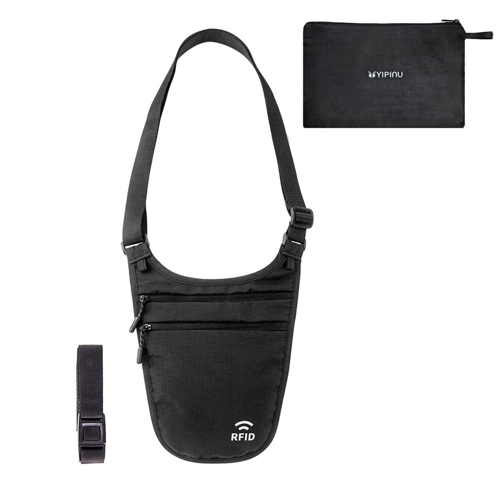 Crossbody Money Belt for Travel Women & Men Hidden, Travel Wallet Pouch - Slim Passport Holde, RFID Blocking Neck Wallet Under Clothes to Protect Cash, Credit Cards and Documents (BLACK)