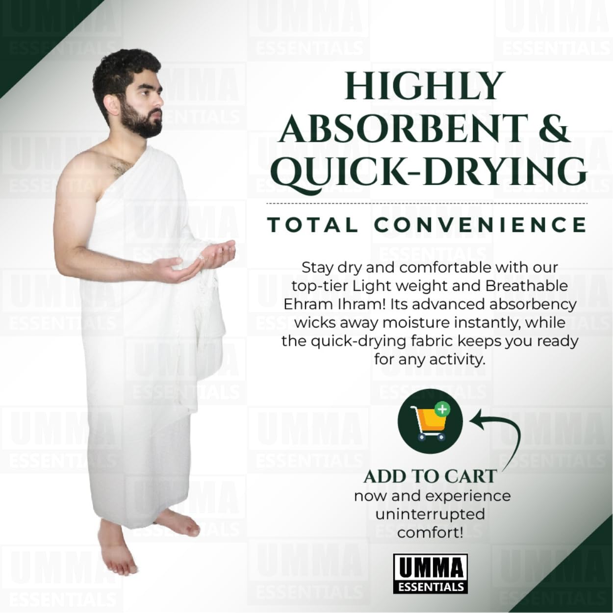 UMMA ESSENTIALS, Ihram Ehram Ahram for Men, 100% Cotton, Hajj Umrah Ihram Ehram Towels, Hypoallergenic, Quick-Drying, Lightweight, Breathable, 2 Count, White, Adult Size 110 x 220cm = 43X86 inch