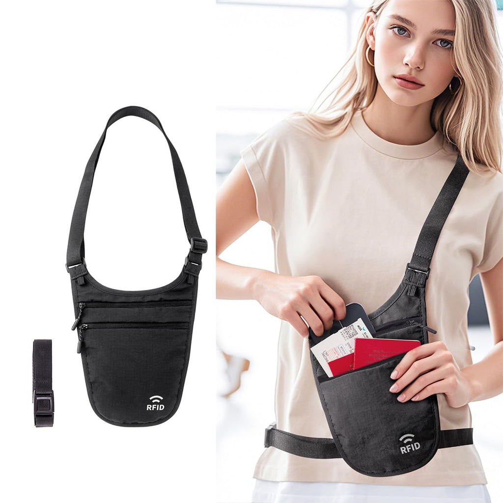 Crossbody Money Belt for Travel Women & Men Hidden, Travel Wallet Pouch - Slim Passport Holde, RFID Blocking Neck Wallet Under Clothes to Protect Cash, Credit Cards and Documents (BLACK)