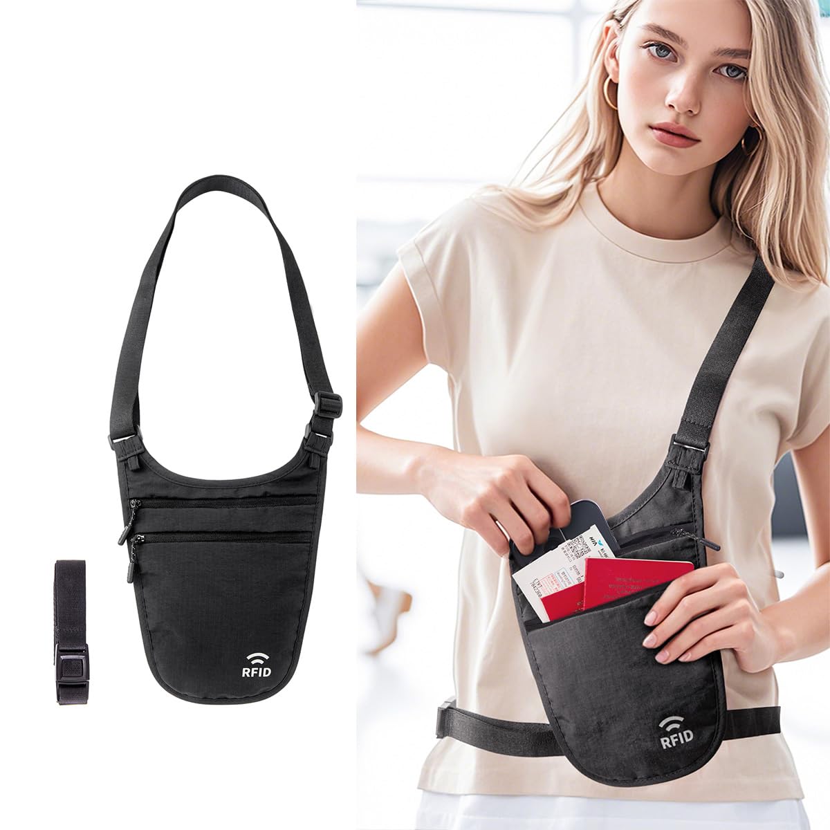 Crossbody Money Belt for Travel Women & Men Hidden, Travel Wallet Pouch - Slim Passport Holde, RFID Blocking Neck Wallet Under Clothes to Protect Cash, Credit Cards and Documents (BLACK)