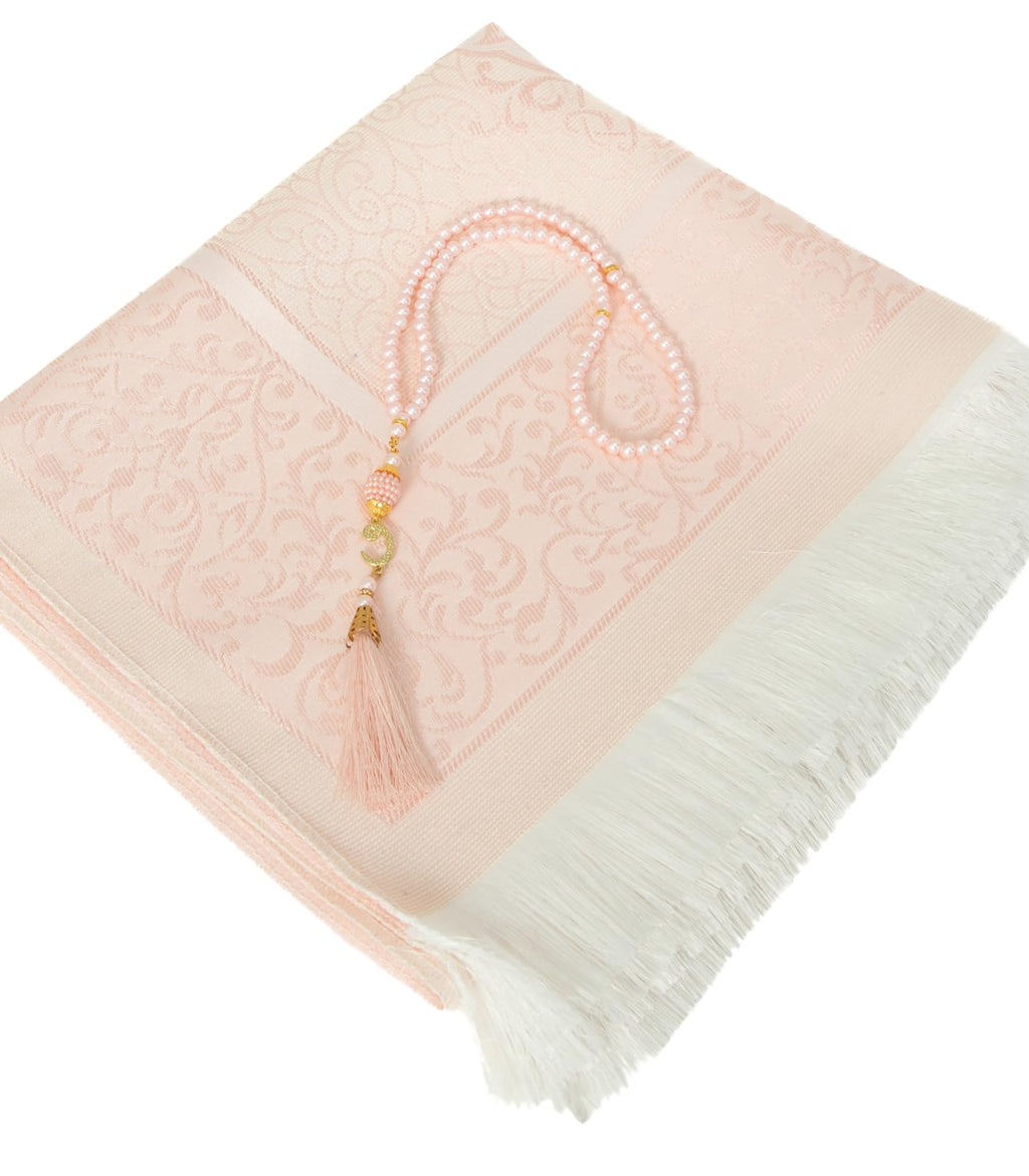Prien Muslim Prayer Rug Set with Tasbih and Portable Bag – Soft Turkish Sajadah for Women & Men, Ideal Ramadan, Eid, Hajj, Travel Gift (Powder Pink)
