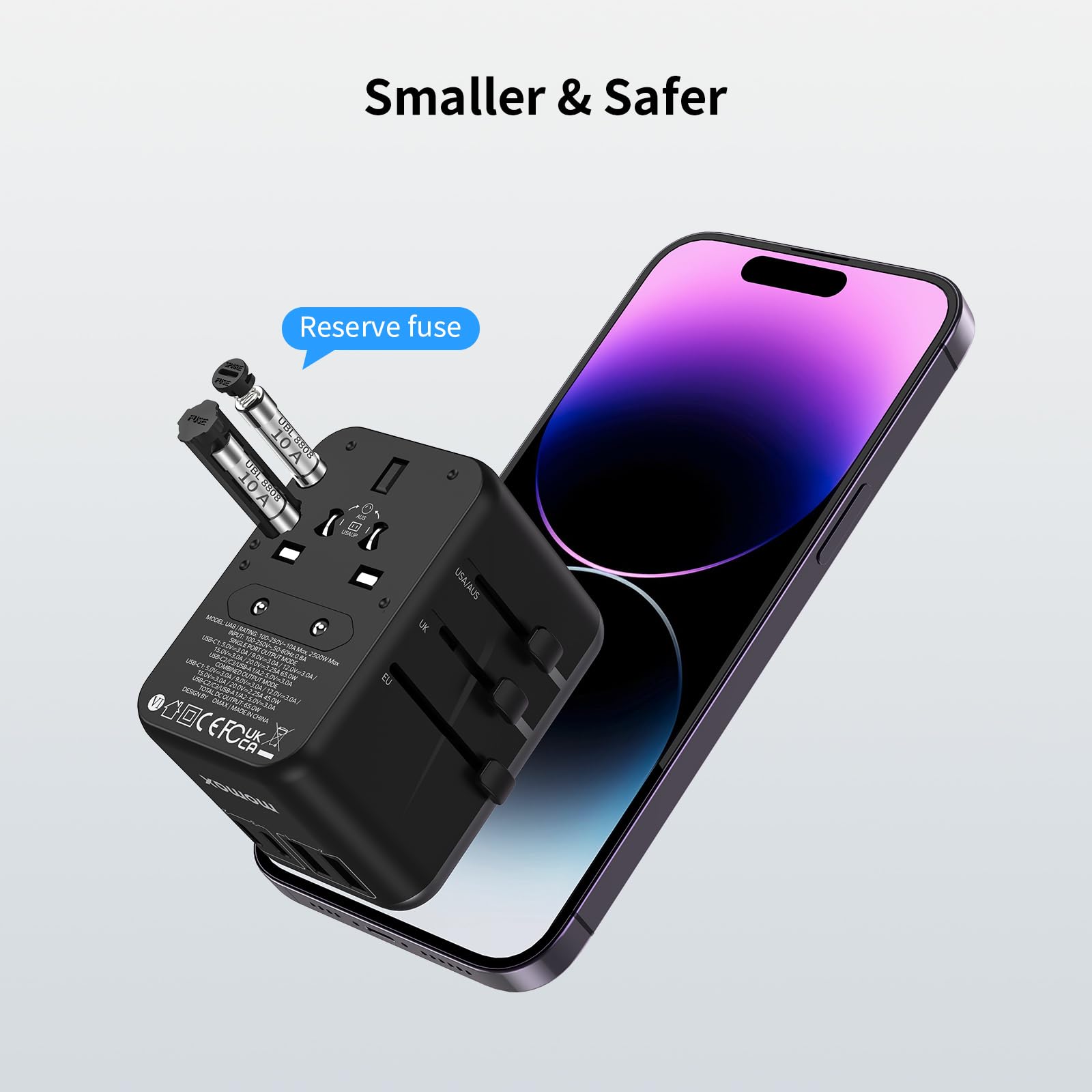 MOMAX 6-in-1 Universal Travel Adapter, GaN 70W International Power Adapter, 3 USB-C PD Fast Charging & 2 USB-A QC, 1 AC, All-in-one International Plug Adapter for Travel European UK AUS JP