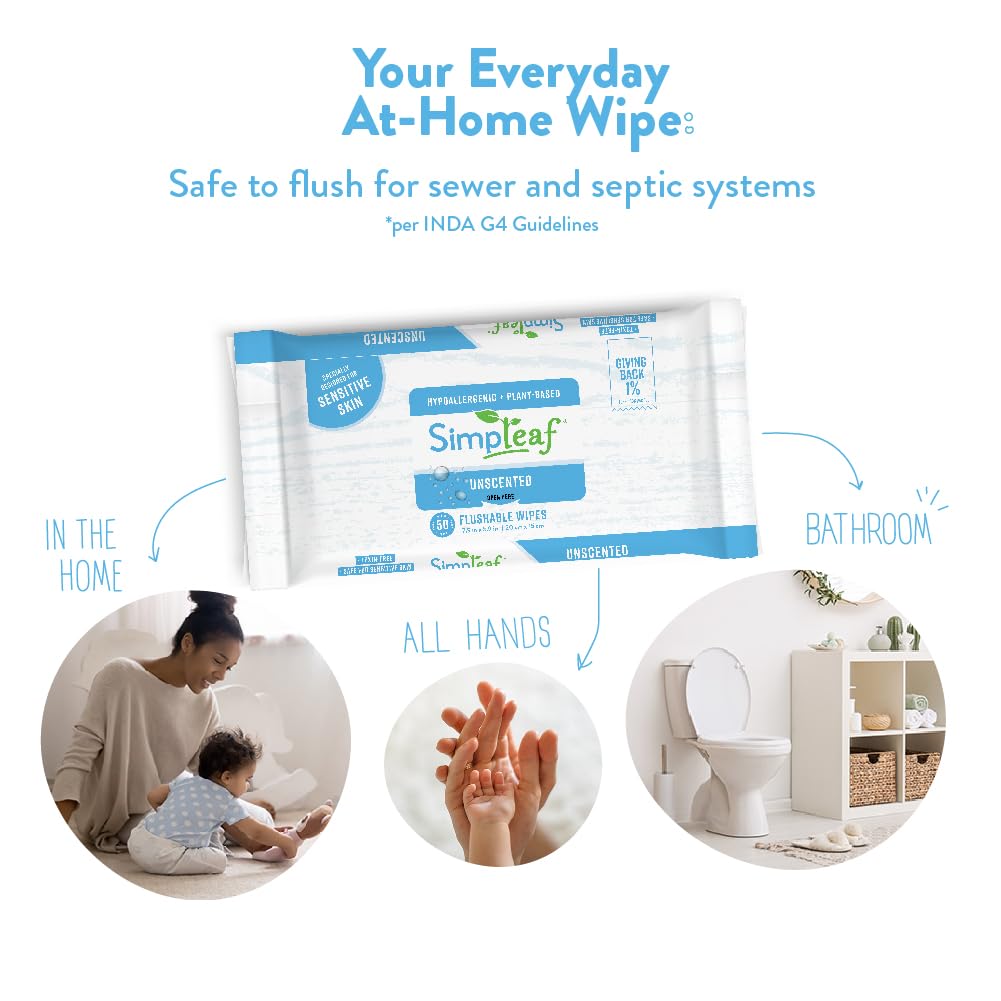 Simpleaf Flushable Wet Wipes Unscented | Plastic Free, Paraben & Alcohol Free | Hypoallergenic & Safe for Sensitive Skin | Soothing Aloe Formula | Adult Toilet Wipes (3 x 50 Counts Pack) 150 Counts