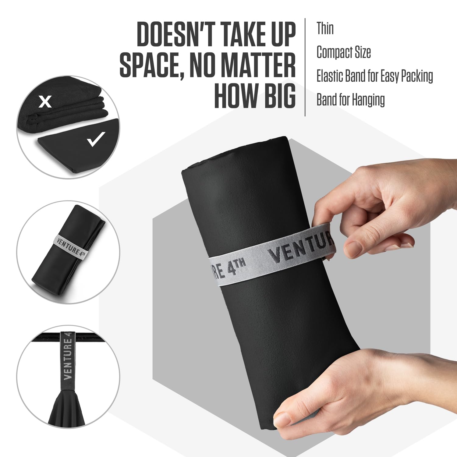VENTURE 4TH Quick Dry Towel. Microfiber Travel Towel Ideal for Camping, Hiking, Backpacking, Gym. Lightweight & Fast Drying Travel Towels for Body. Compact & Easy to Pack - Black Medium