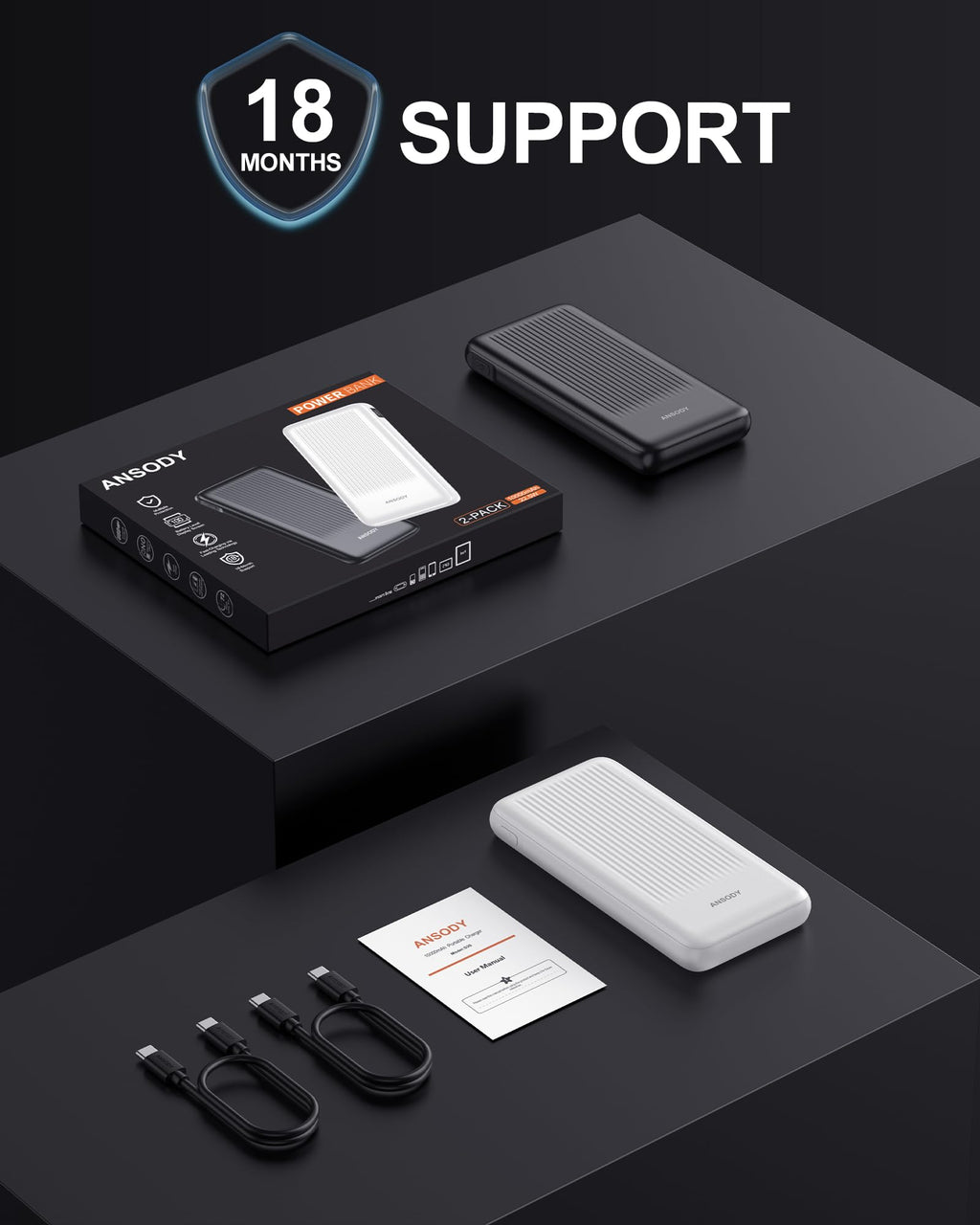 Ansody 2-Pack 10000mAh Power Bank Fast Charging, 22.5W Compact USB C Portable Charger with 2 Outputs & 2 Inputs, LED Display Battery Pack Compatible with iPhone Samsung iPad Tablets, Black & Black