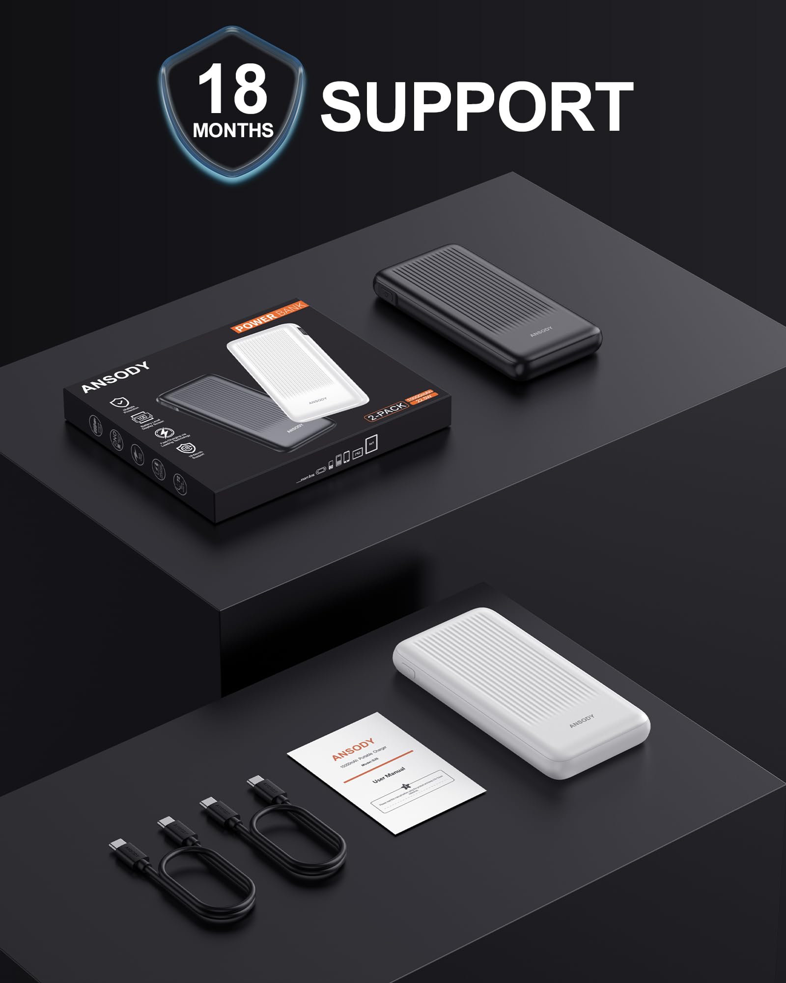 Ansody 2-Pack 10000mAh Power Bank Fast Charging, 22.5W Compact USB C Portable Charger with 2 Outputs & 2 Inputs, LED Display Battery Pack Compatible with iPhone Samsung iPad Tablets, Black & Black