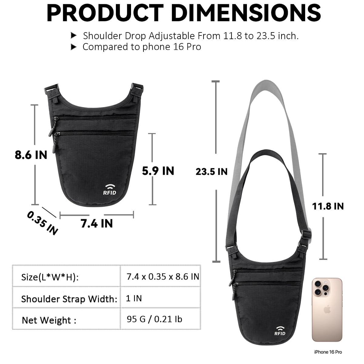 Crossbody Money Belt for Travel Women & Men Hidden, Travel Wallet Pouch - Slim Passport Holde, RFID Blocking Neck Wallet Under Clothes to Protect Cash, Credit Cards and Documents (BLACK)