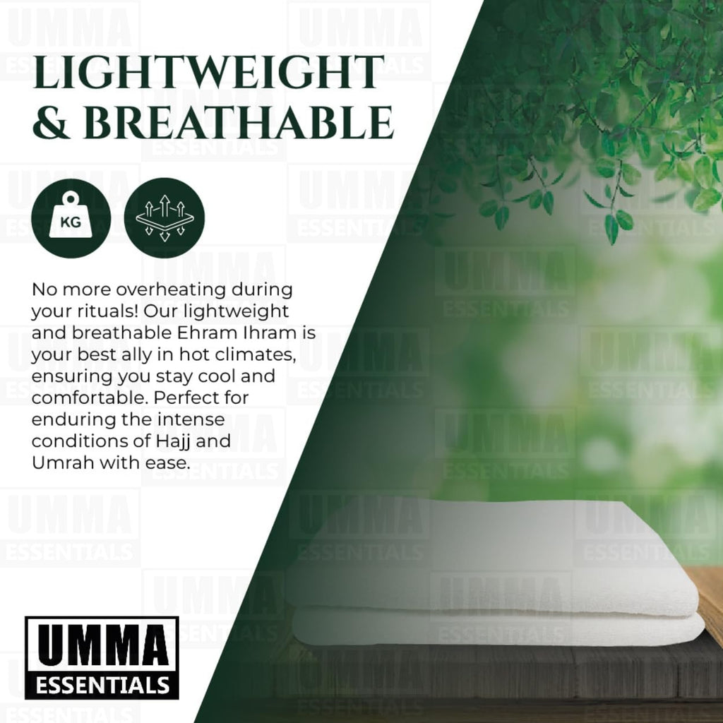 UMMA ESSENTIALS, Ihram Ehram Ahram for Men, 100% Cotton, Hajj Umrah Ihram Ehram Towels, Hypoallergenic, Quick-Drying, Lightweight, Breathable, 2 Count, White, Adult Size 110 x 220cm = 43X86 inch