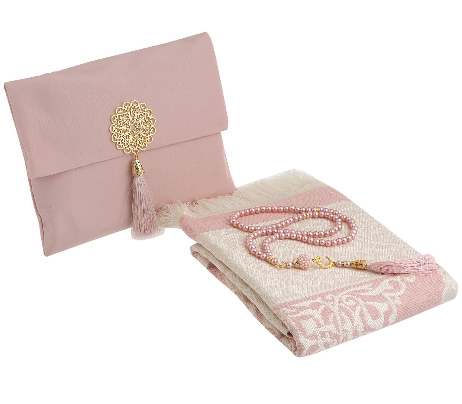 Prien Muslim Prayer Rug Set with Tasbih and Portable Bag – Soft Turkish Sajadah for Women & Men, Ideal Ramadan, Eid, Hajj, Travel Gift (Powder Pink)