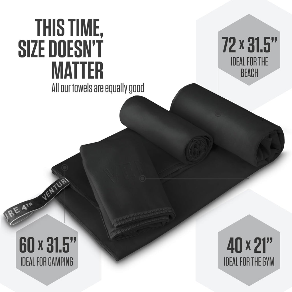 VENTURE 4TH Quick Dry Towel. Microfiber Travel Towel Ideal for Camping, Hiking, Backpacking, Gym. Lightweight & Fast Drying Travel Towels for Body. Compact & Easy to Pack - Black Medium