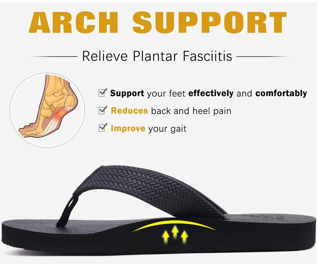 KuaiLu Men's Rubber Flip Flops Arch Support Summer Beach Pool Water Thong Sandals Waterproof Rubber Walking Shoes Slip on Orthotic Casual Sport Cushioned Wide Slides Shower Slippers Black Size 11