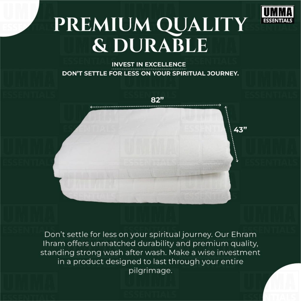 UMMA ESSENTIALS, Ihram Ehram Ahram for Men, 100% Cotton, Hajj Umrah Ihram Ehram Towels, Hypoallergenic, Quick-Drying, Lightweight, Breathable, 2 Count, White, Adult Size 110 x 220cm = 43X86 inch