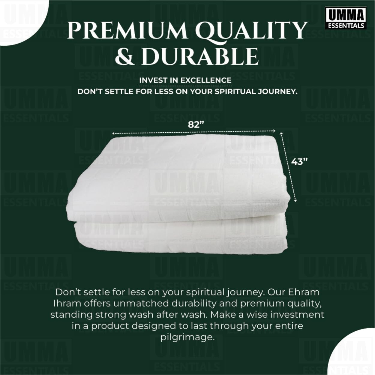 UMMA ESSENTIALS, Ihram Ehram Ahram for Men, 100% Cotton, Hajj Umrah Ihram Ehram Towels, Hypoallergenic, Quick-Drying, Lightweight, Breathable, 2 Count, White, Adult Size 110 x 220cm = 43X86 inch