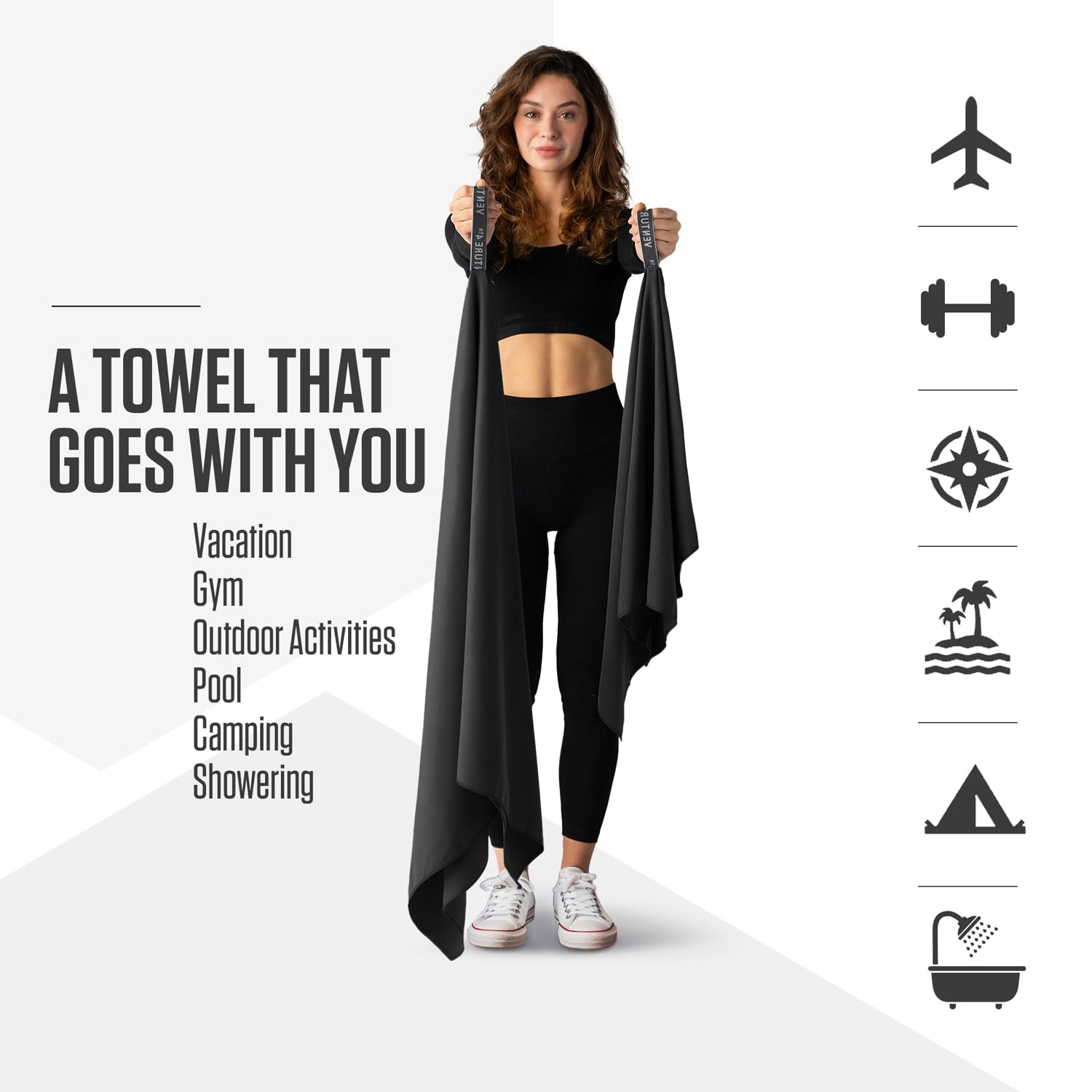 VENTURE 4TH Quick Dry Towel. Microfiber Travel Towel Ideal for Camping, Hiking, Backpacking, Gym. Lightweight & Fast Drying Travel Towels for Body. Compact & Easy to Pack - Black Medium