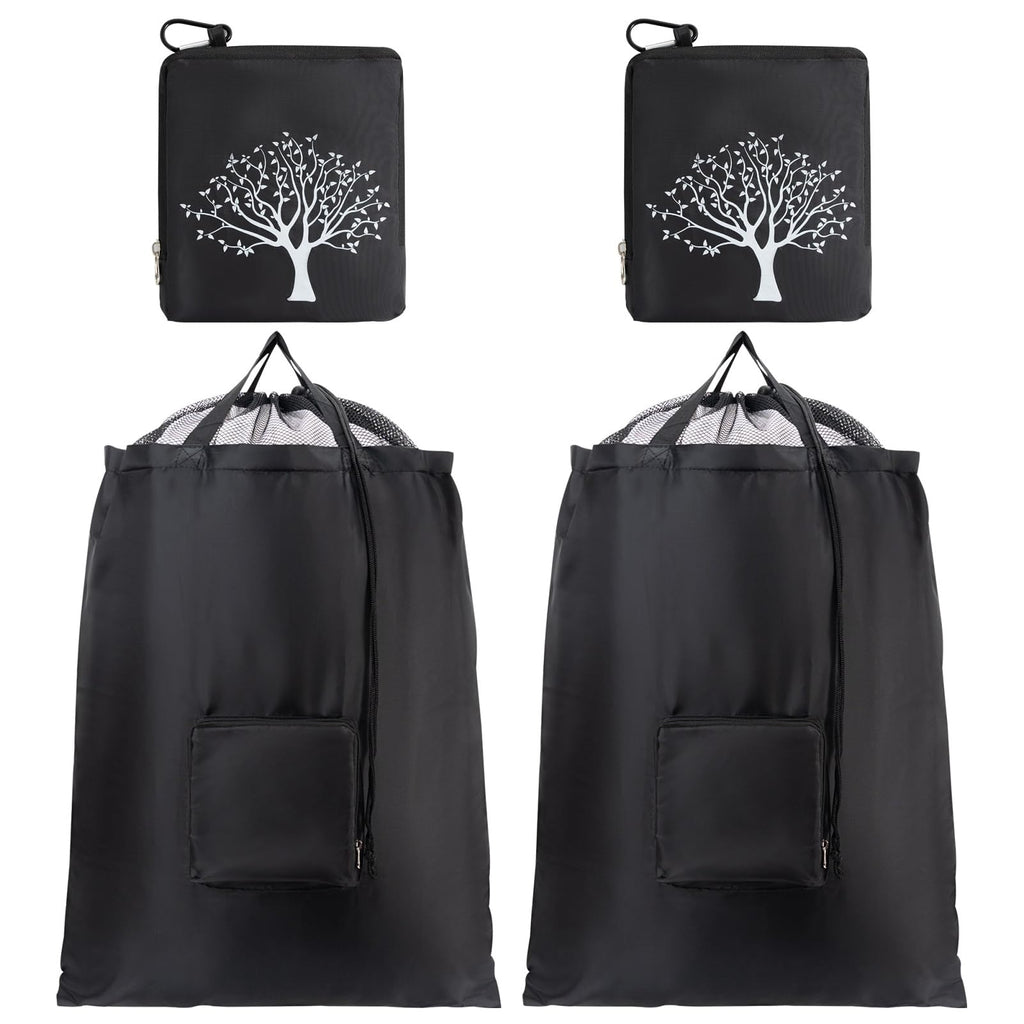 2 Packs Travel Laundry Bags, CLEADUS Foldable Dirty Clothes Bag 【Upgraded】 with Drawstring Mesh, Handles, and Carabiner, Portable, Suitable for Travel, Gym, Camping (Black)