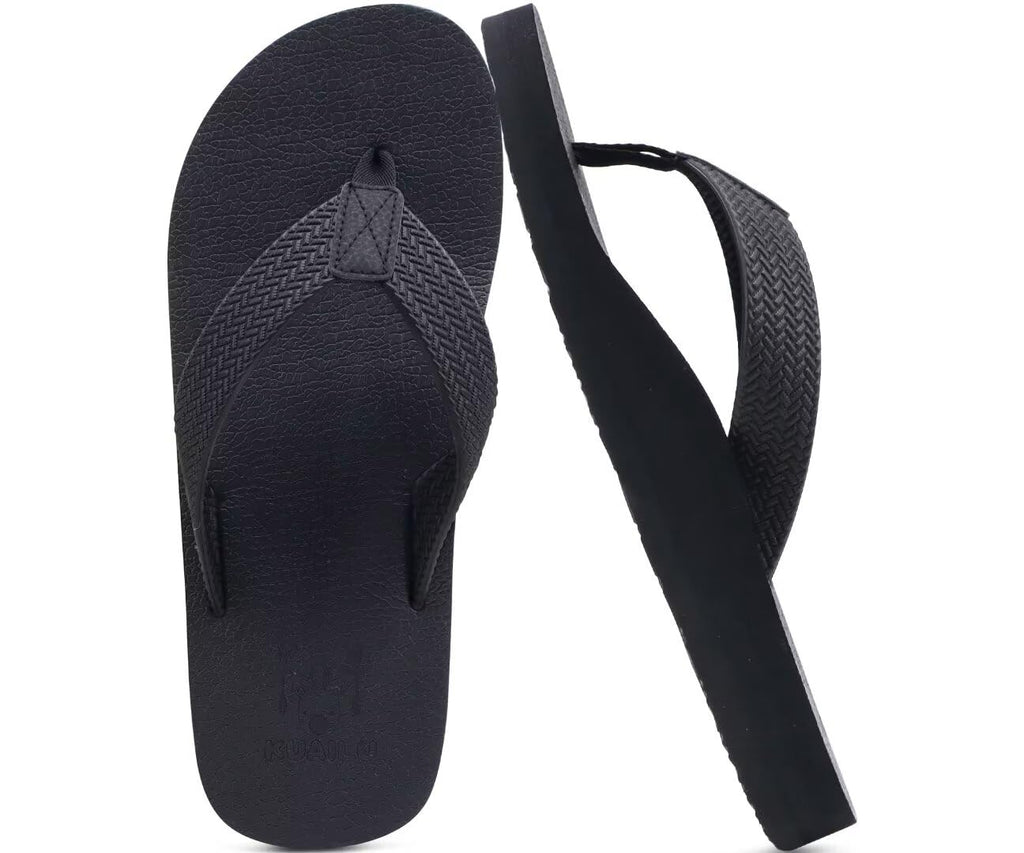KuaiLu Men's Rubber Flip Flops Arch Support Summer Beach Pool Water Thong Sandals Waterproof Rubber Walking Shoes Slip on Orthotic Casual Sport Cushioned Wide Slides Shower Slippers Black Size 11