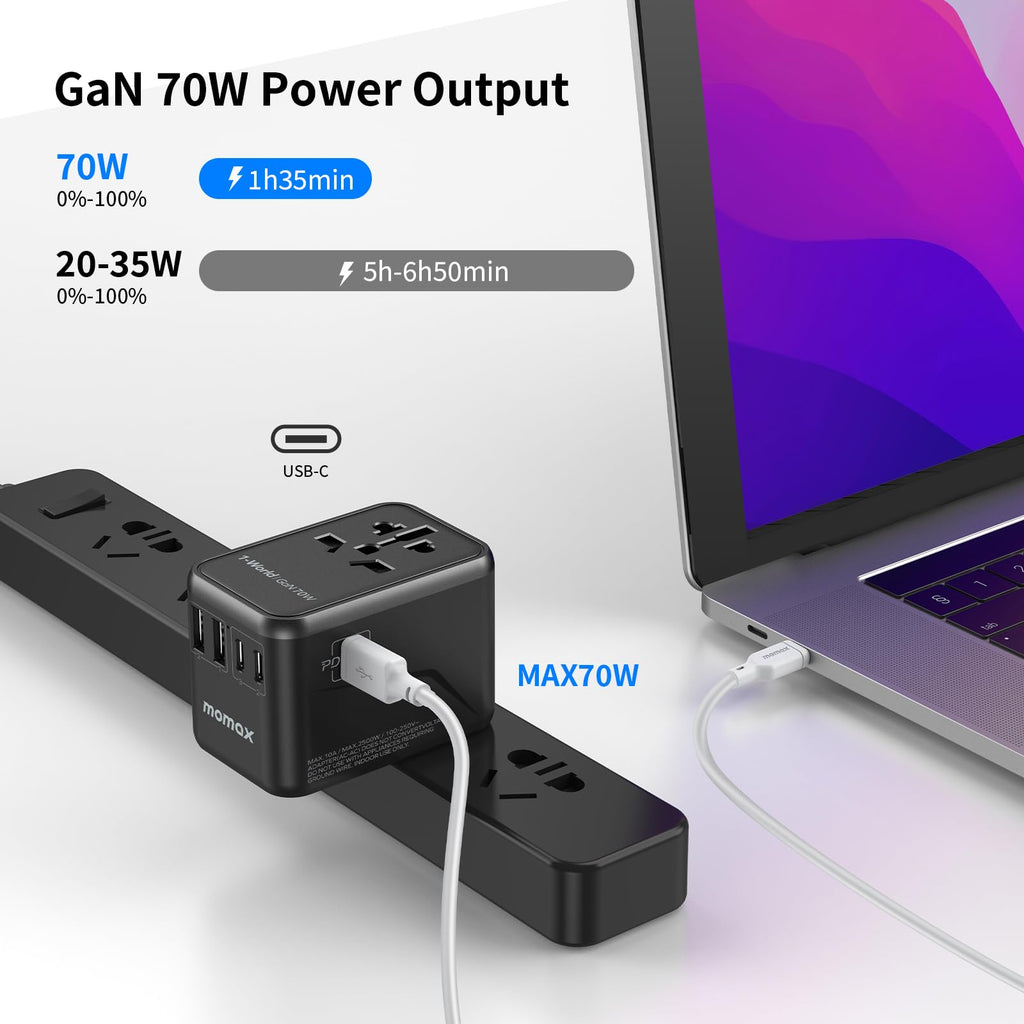 MOMAX 6-in-1 Universal Travel Adapter, GaN 70W International Power Adapter, 3 USB-C PD Fast Charging & 2 USB-A QC, 1 AC, All-in-one International Plug Adapter for Travel European UK AUS JP