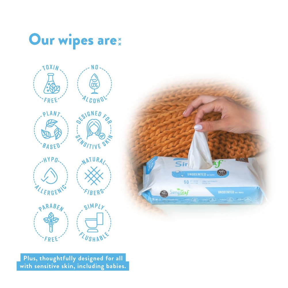 Simpleaf Flushable Wet Wipes Unscented | Plastic Free, Paraben & Alcohol Free | Hypoallergenic & Safe for Sensitive Skin | Soothing Aloe Formula | Adult Toilet Wipes (3 x 50 Counts Pack) 150 Counts