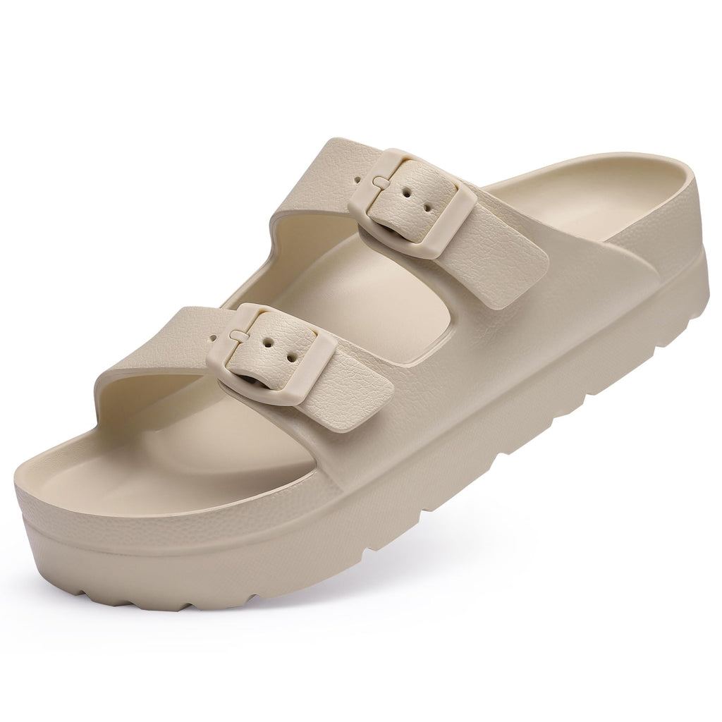 Goosecret Women's Platform Sandals with Arch Support Chunky Lightweight Foam Slip on Slides Comfortable Summer Beach Sandals with Adjustable Buckle Nude, 37(size 6.5-7)