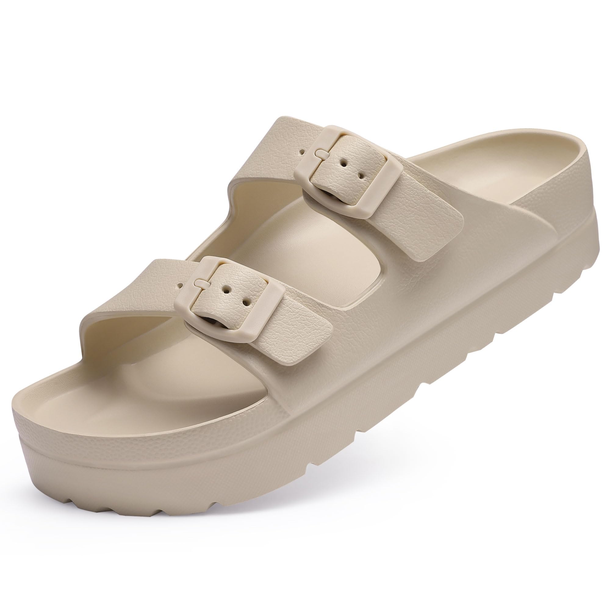 Goosecret Women's Platform Sandals with Arch Support Chunky Lightweight Foam Slip on Slides Comfortable Summer Beach Sandals with Adjustable Buckle Nude, 37(size 6.5-7)