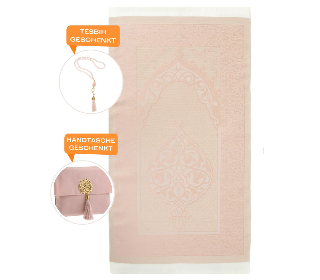 Prien Muslim Prayer Rug Set with Tasbih and Portable Bag – Soft Turkish Sajadah for Women & Men, Ideal Ramadan, Eid, Hajj, Travel Gift (Powder Pink)