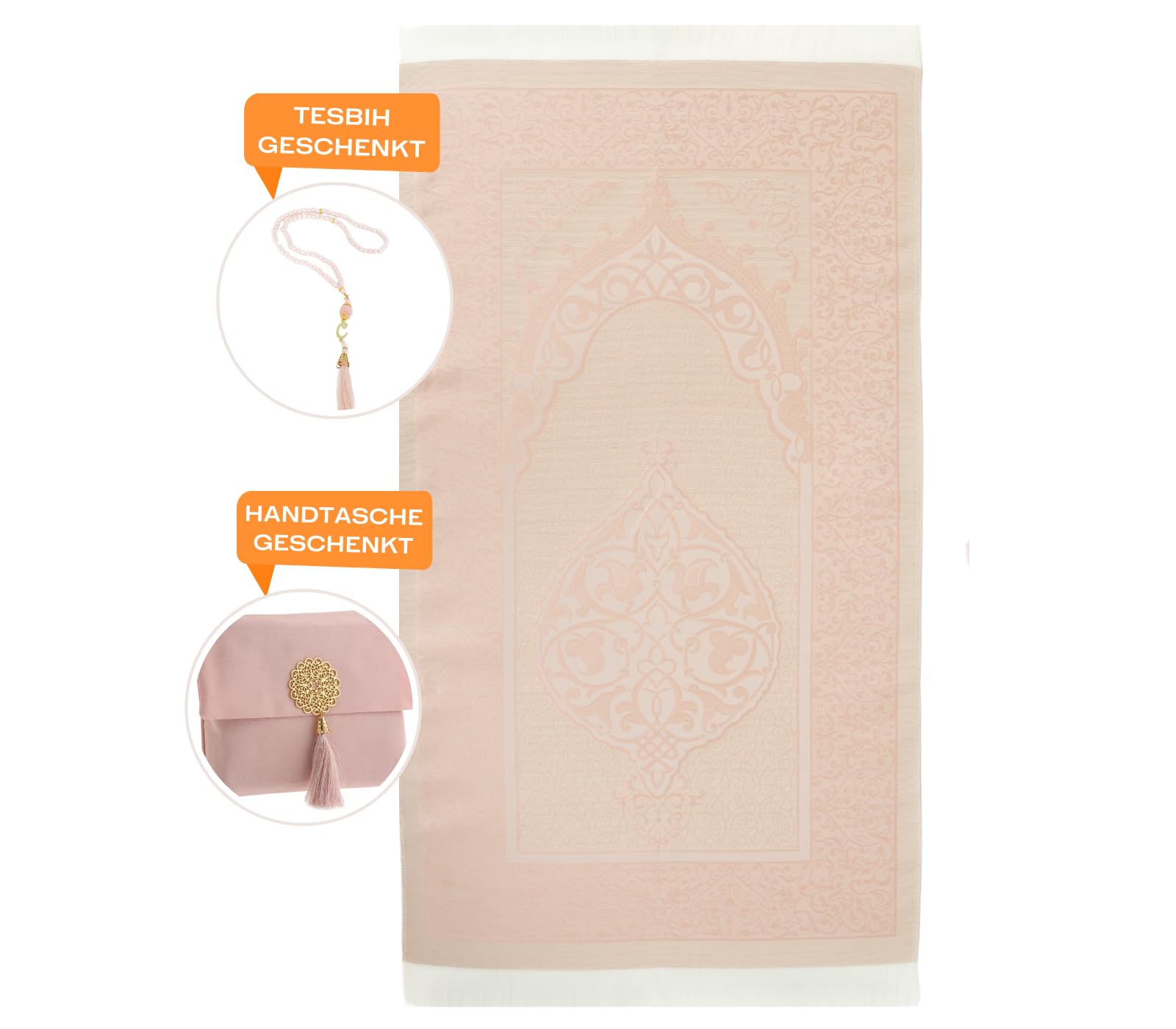 Prien Muslim Prayer Rug Set with Tasbih and Portable Bag – Soft Turkish Sajadah for Women & Men, Ideal Ramadan, Eid, Hajj, Travel Gift (Powder Pink)