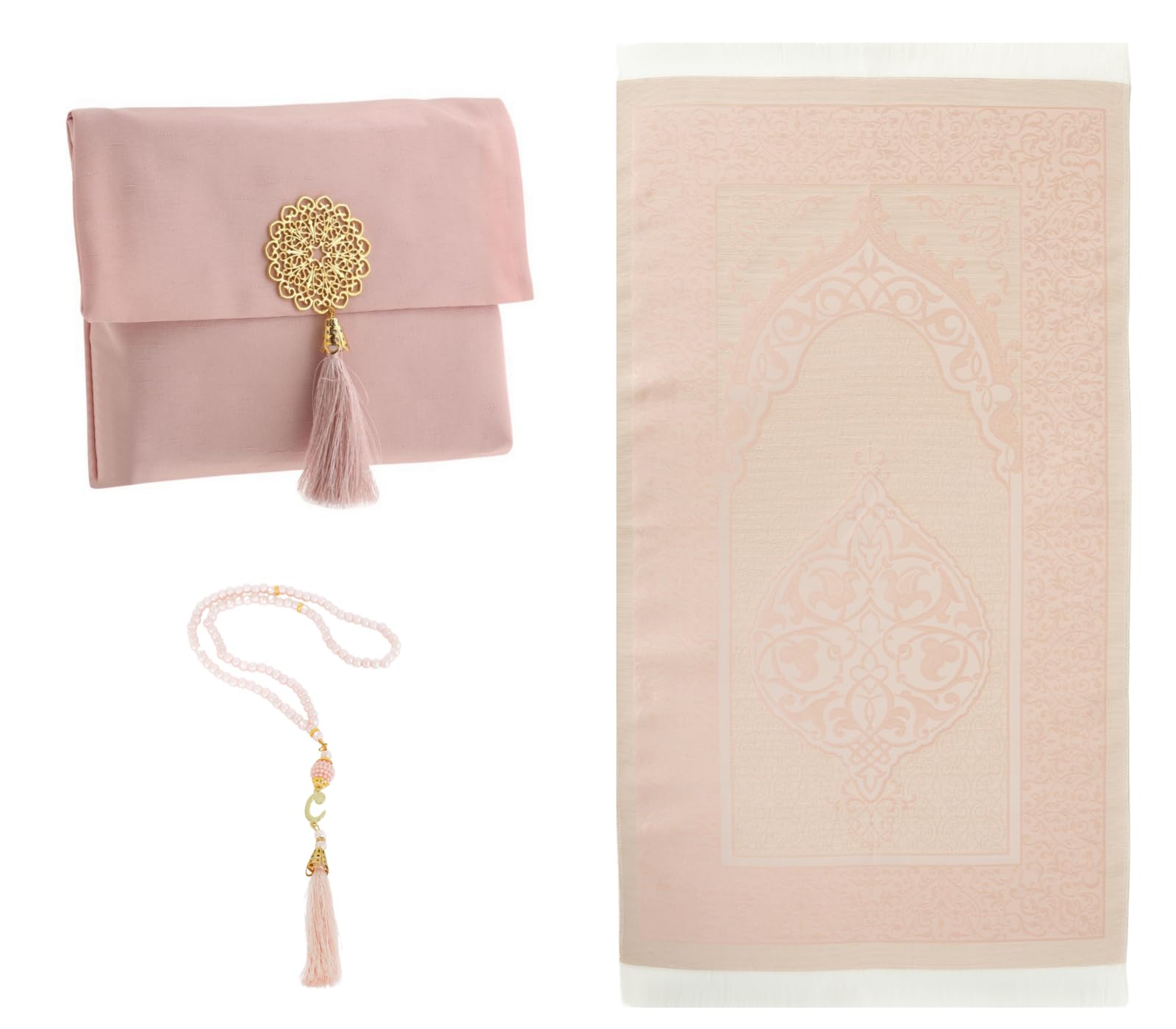 Prien Muslim Prayer Rug Set with Tasbih and Portable Bag – Soft Turkish Sajadah for Women & Men, Ideal Ramadan, Eid, Hajj, Travel Gift (Powder Pink)