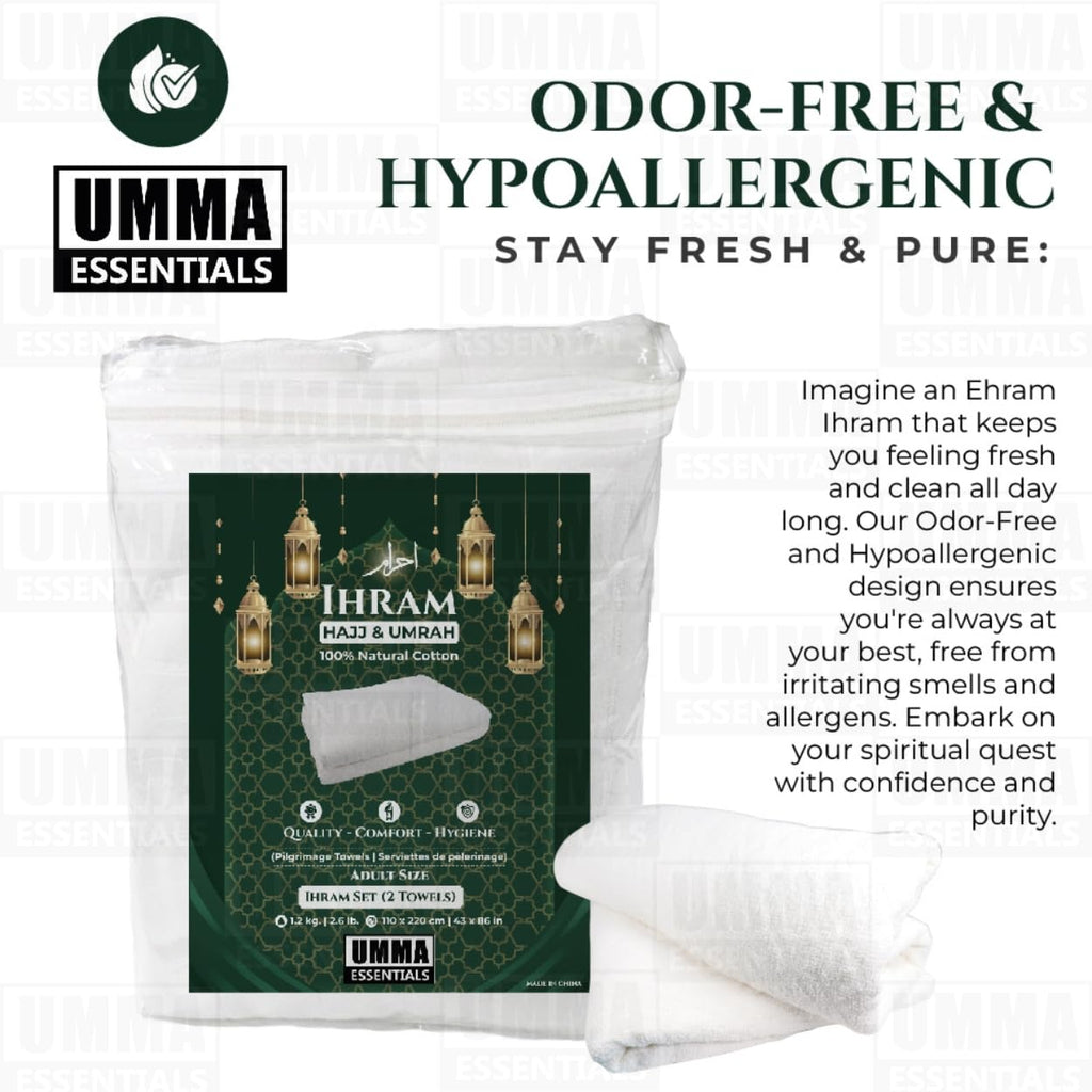 UMMA ESSENTIALS, Ihram Ehram Ahram for Men, 100% Cotton, Hajj Umrah Ihram Ehram Towels, Hypoallergenic, Quick-Drying, Lightweight, Breathable, 2 Count, White, Adult Size 110 x 220cm = 43X86 inch