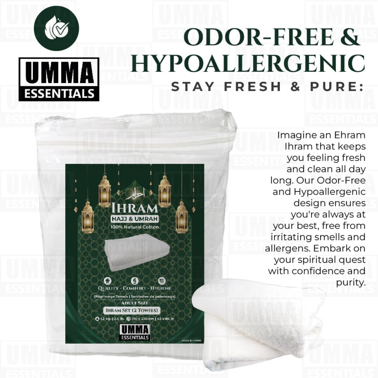 UMMA ESSENTIALS, Ihram Ehram Ahram for Men, 100% Cotton, Hajj Umrah Ihram Ehram Towels, Hypoallergenic, Quick-Drying, Lightweight, Breathable, 2 Count, White, Adult Size 110 x 220cm = 43X86 inch