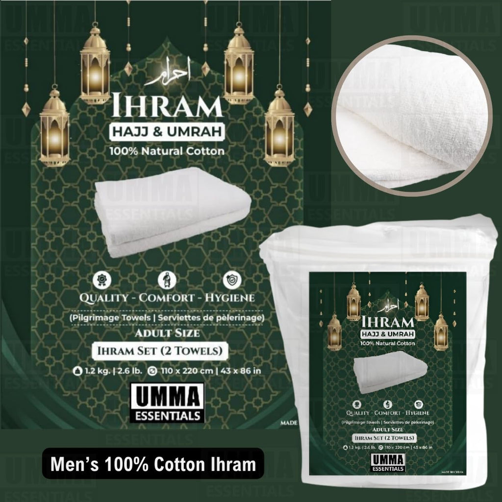 UMMA ESSENTIALS, Ihram Ehram Ahram for Men, 100% Cotton, Hajj Umrah Ihram Ehram Towels, Hypoallergenic, Quick-Drying, Lightweight, Breathable, 2 Count, White, Adult Size 110 x 220cm = 43X86 inch