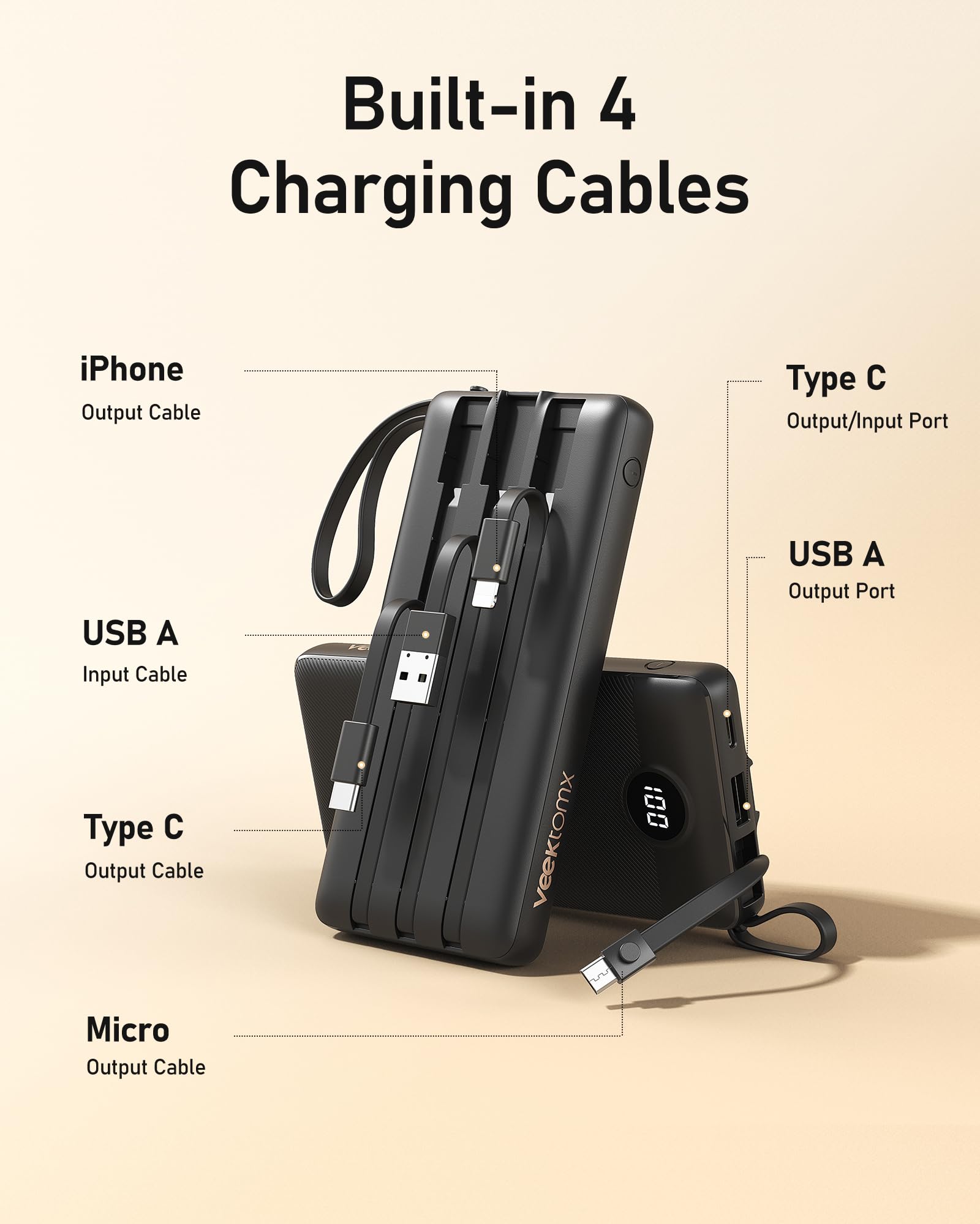 VEEKTOMX Portable Charger Built-in Cables,10000mAh Power Bank for iPhone,Fast Charge USB C Battery Pack Travel Essentials Powerbank Compatible with iPhone 17/16/15/14, Samsung S25/24, Android, etc
