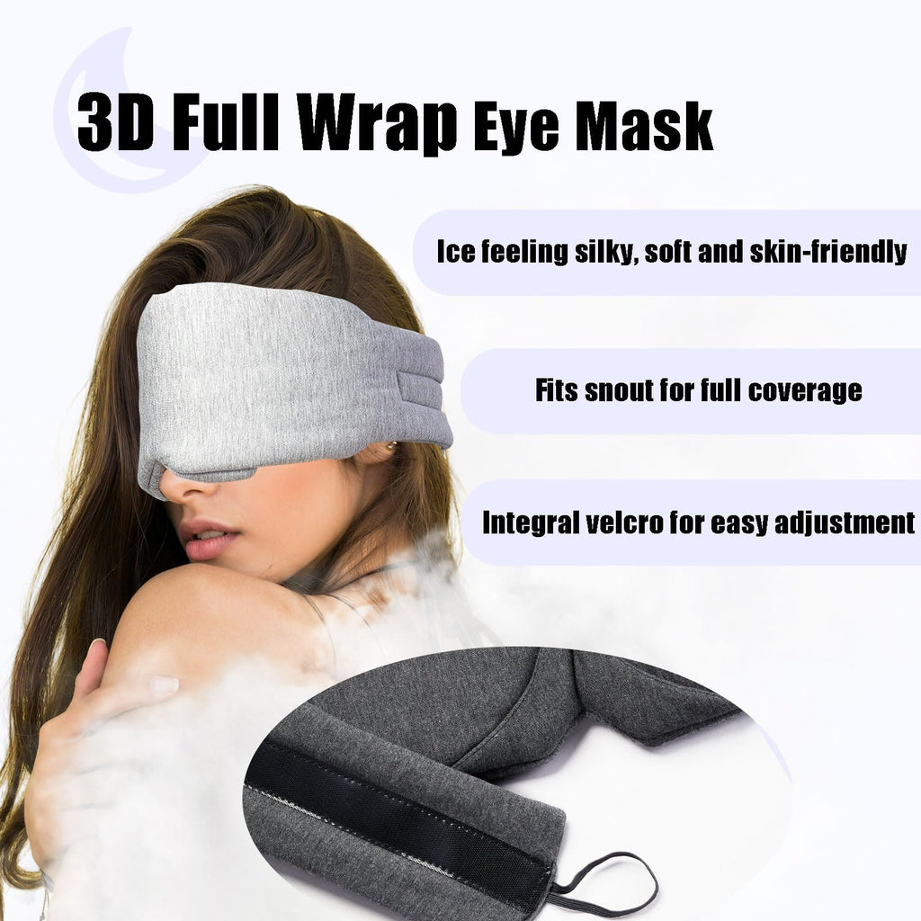 Hopomer Sleep Mask Sleeping Noise Cancelling Eye Masks for Women Men Blackout Eye Covers with Silicone Ear Plugs Set Cooling 3D Adjustable Eyemasks for Travel (Light Grey)