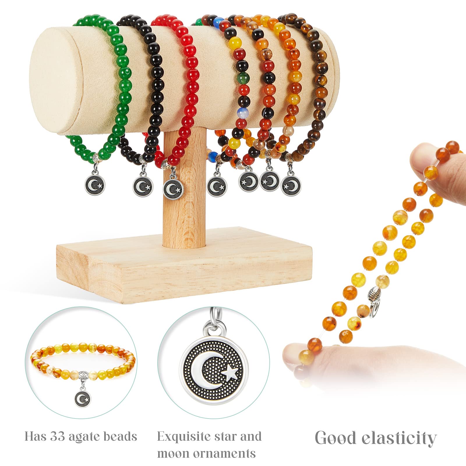 Jadive 7 Pcs Islamic Tasbih Prayer Beads – 33-Bead Misbaha Bracelets with Star & Crescent Pendants for Women, Eid & Ramadan Gifts