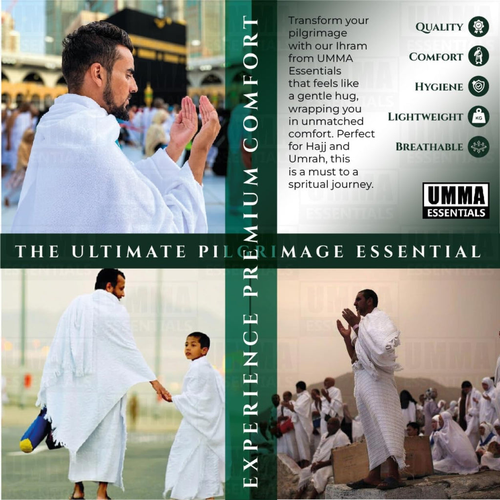 UMMA ESSENTIALS, Ihram Ehram Ahram for Men, 100% Cotton, Hajj Umrah Ihram Ehram Towels, Hypoallergenic, Quick-Drying, Lightweight, Breathable, 2 Count, White, Adult Size 110 x 220cm = 43X86 inch