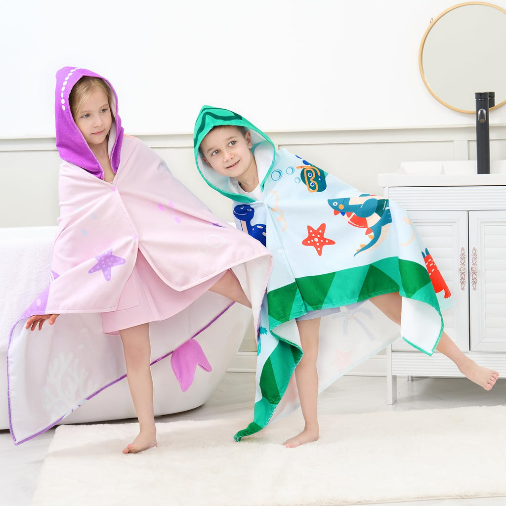 UOMNY Kids Hooded Beach Towel – 30" x 50", Soft Cotton Dinosaur Design for Ages 3-10, Pool & Bath Poncho