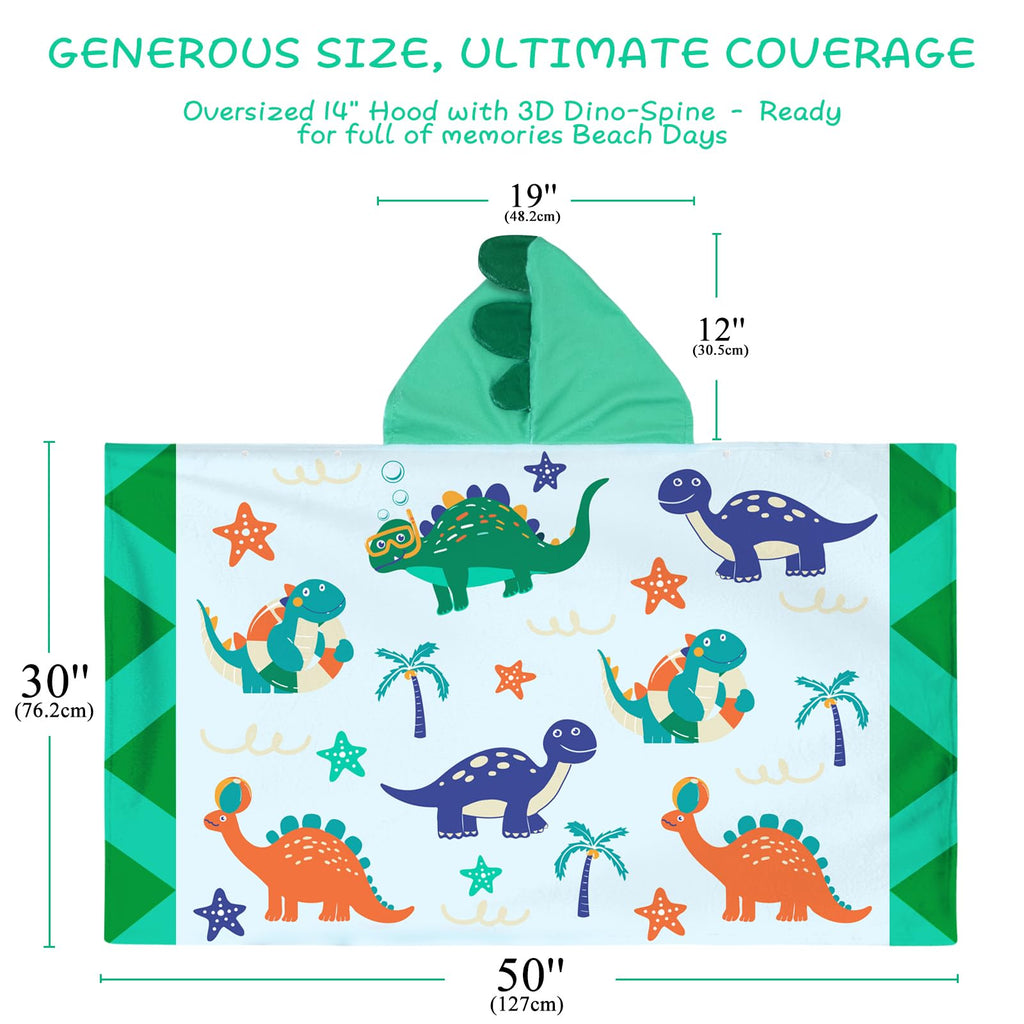 UOMNY Kids Hooded Beach Towel – 30" x 50", Soft Cotton Dinosaur Design for Ages 3-10, Pool & Bath Poncho