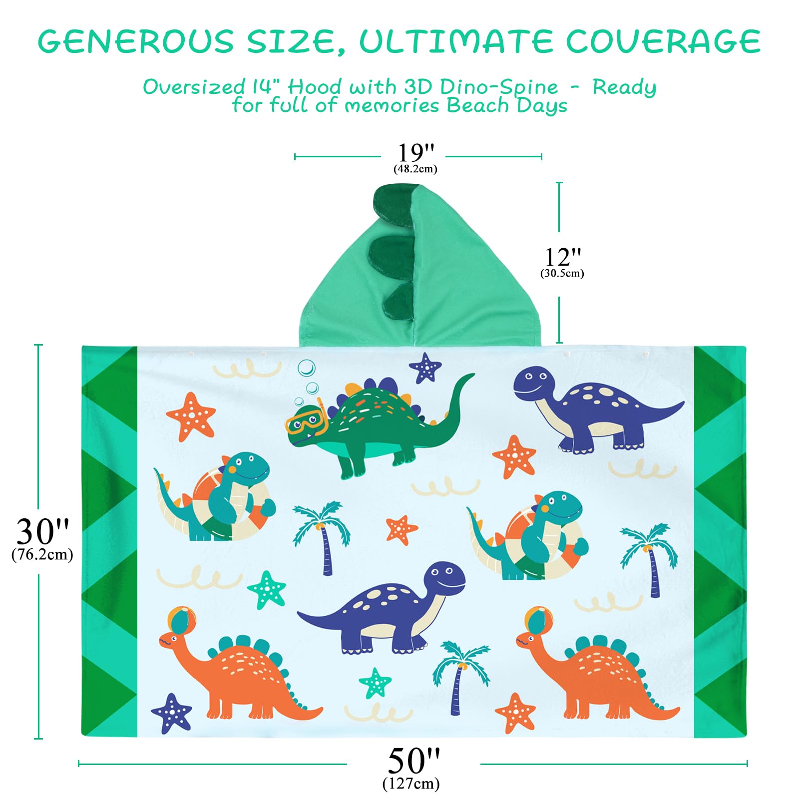 UOMNY Kids Hooded Beach Towel – 30" x 50", Soft Cotton Dinosaur Design for Ages 3-10, Pool & Bath Poncho