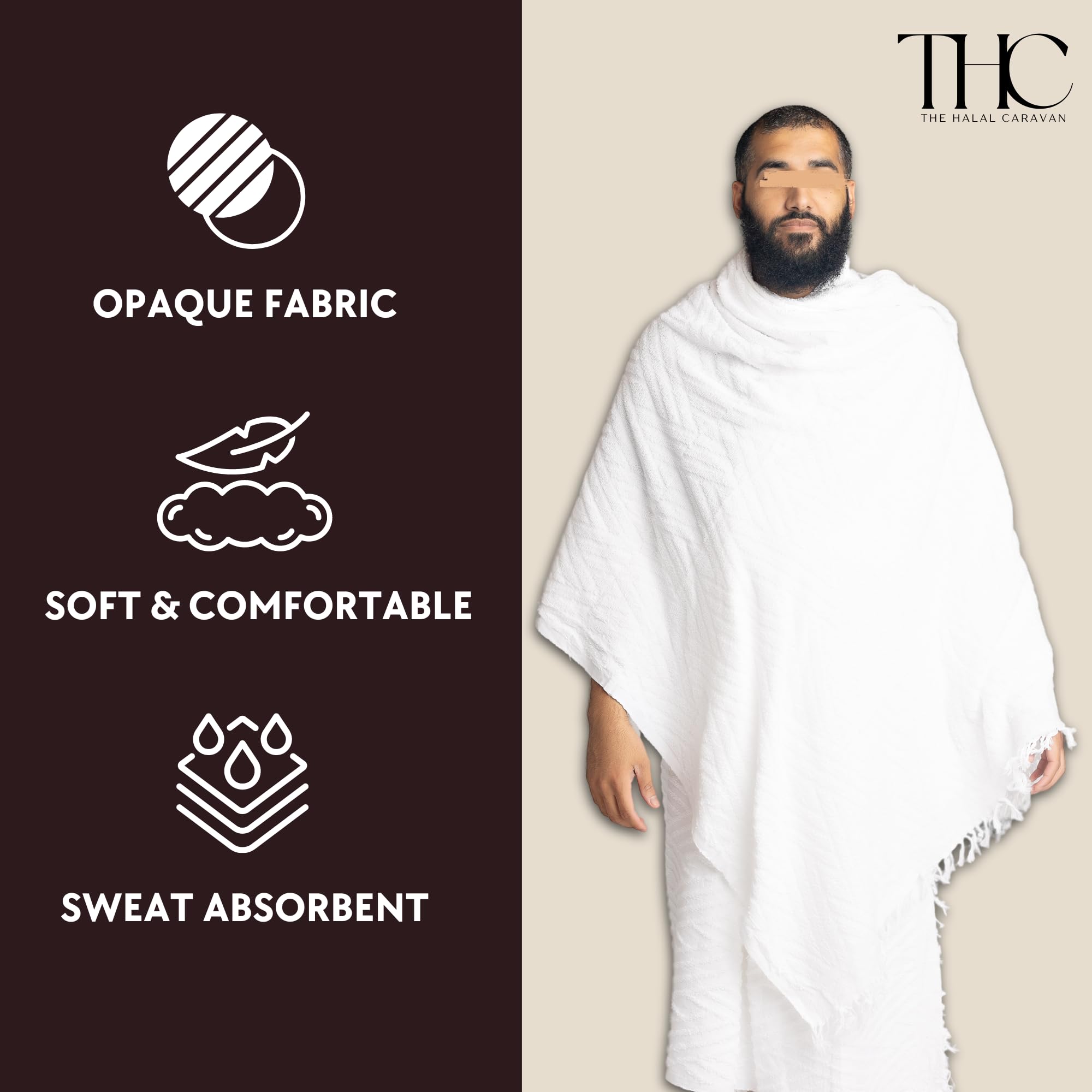 The Halal Caravan Men's Ihram for Hajj & Umrah - Sweat Absorbent, Comfortable, Fully Opaque, 2-Piece Ihram Set, Ehram Ahram 43 x 83 Inches, Ideal for Muslim Men, White