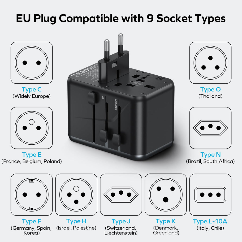 MOMAX 6-in-1 Universal Travel Adapter, GaN 70W International Power Adapter, 3 USB-C PD Fast Charging & 2 USB-A QC, 1 AC, All-in-one International Plug Adapter for Travel European UK AUS JP
