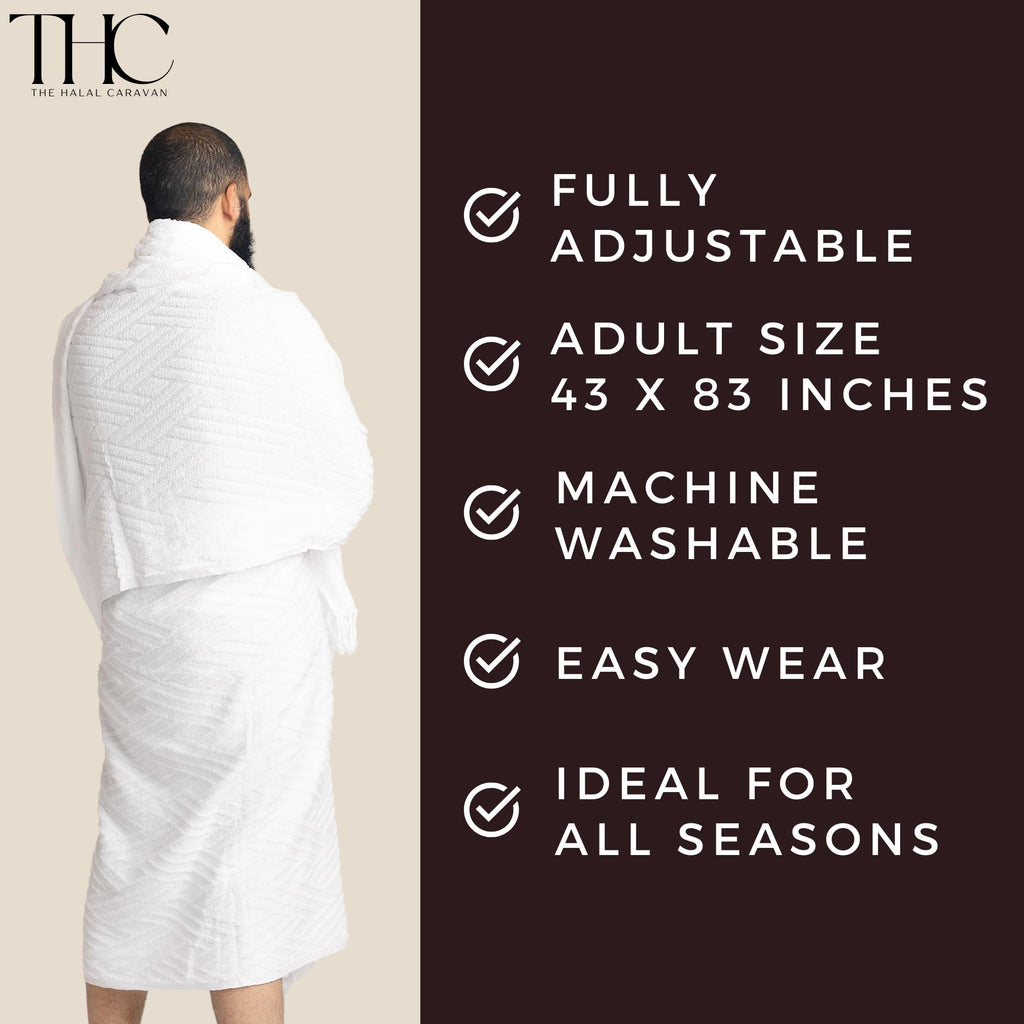 The Halal Caravan Men's Ihram for Hajj & Umrah - Sweat Absorbent, Comfortable, Fully Opaque, 2-Piece Ihram Set, Ehram Ahram 43 x 83 Inches, Ideal for Muslim Men, White