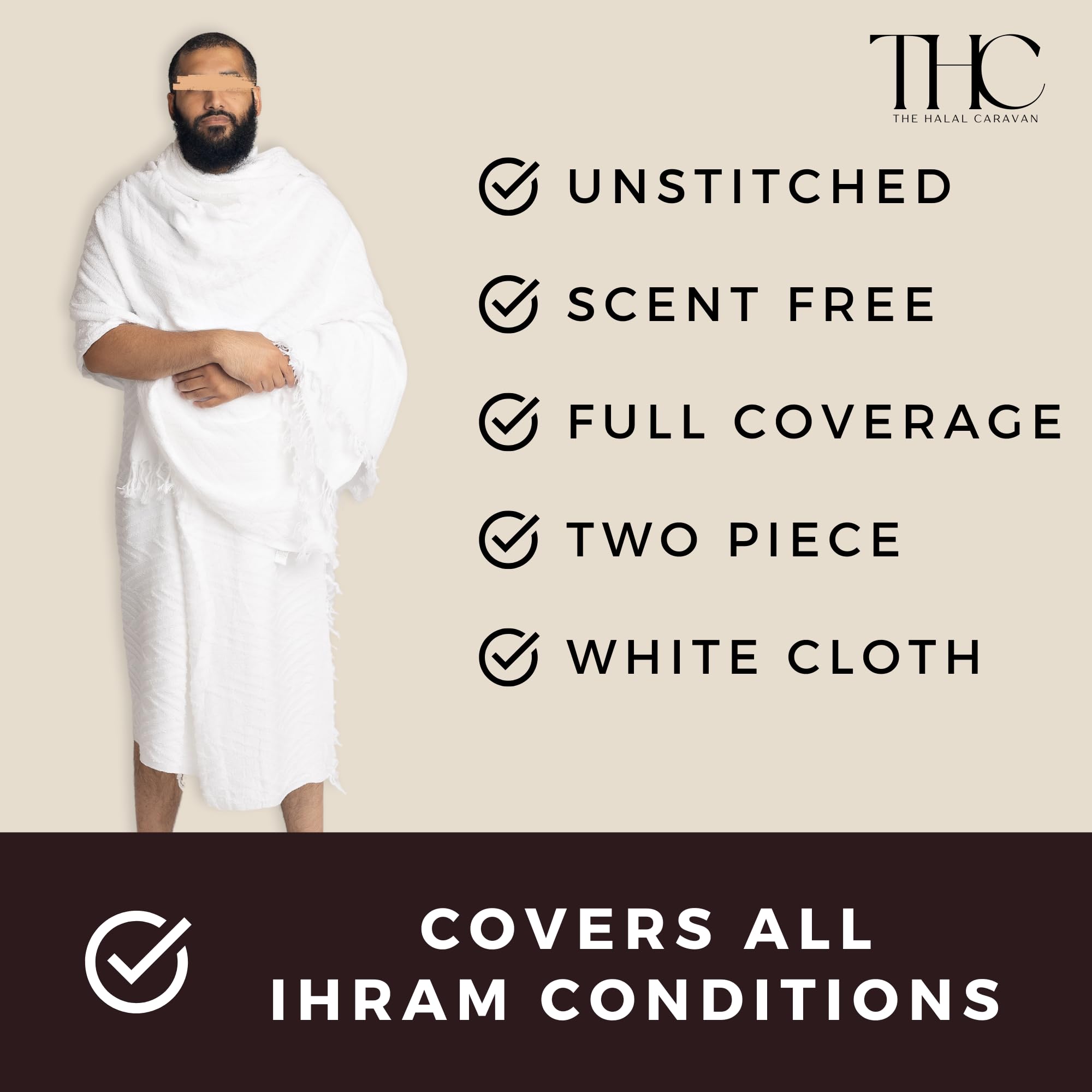 The Halal Caravan Men's Ihram for Hajj & Umrah - Sweat Absorbent, Comfortable, Fully Opaque, 2-Piece Ihram Set, Ehram Ahram 43 x 83 Inches, Ideal for Muslim Men, White