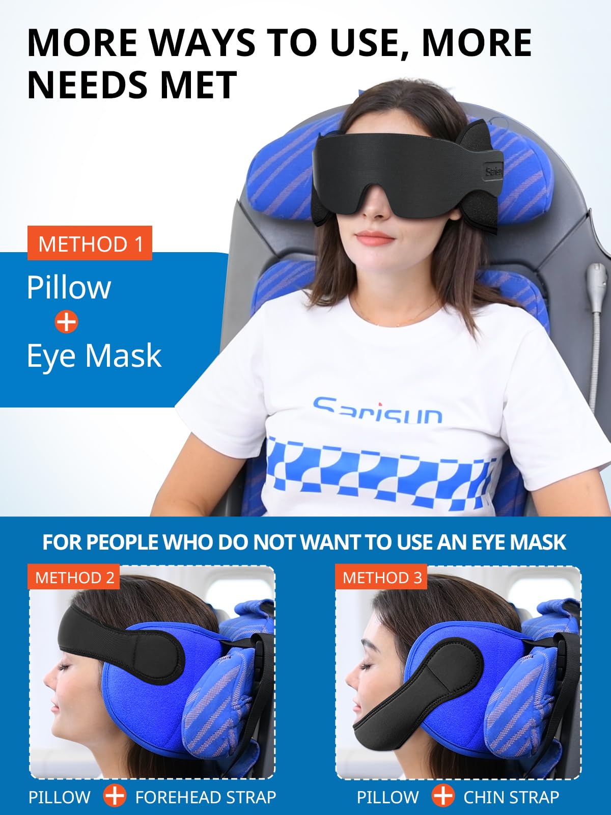 SARISUN Airplane Pillow Combo with Chin Strap & Sleep Mask – 360° Headrest Travel Pillow for Flights and Road Trips