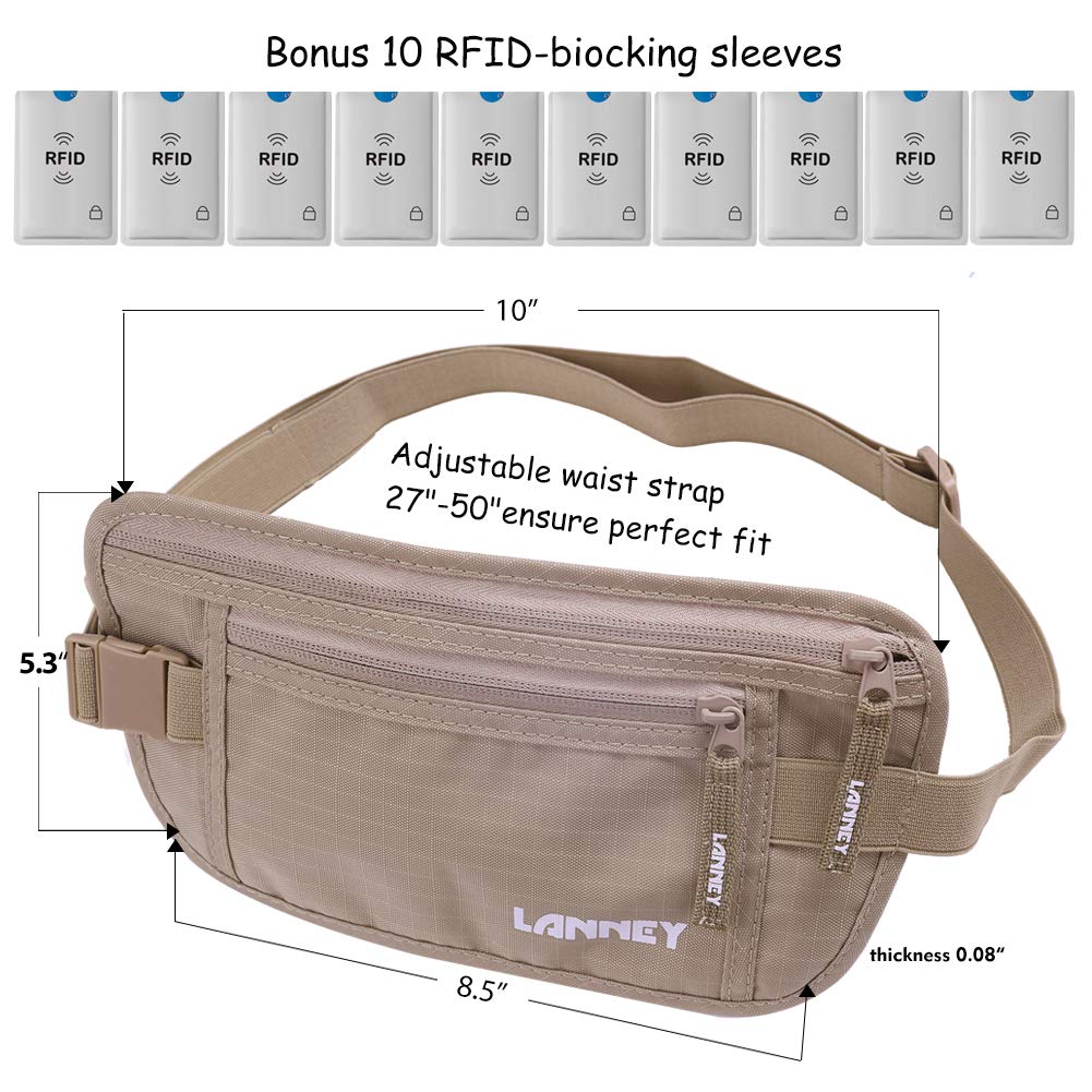 Money Belt for Travel, Slim RFID Blocking Women and Men Hidden Travel Pouch Under Clothes, Passport Holder Protect Cash Credit Card with 10 RFID Sleeves