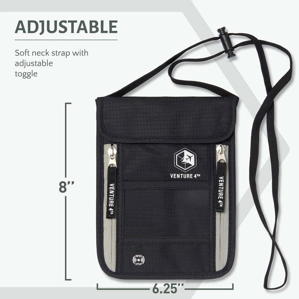 VENTURE 4TH Neck Wallet, RFID Blocking Passport Holder for Travel – Hidden Neck Pouch with 6 Compartments, Slim Lightweight Organizer with Adjustable Strap for Cash, Cards & Passport (Black)