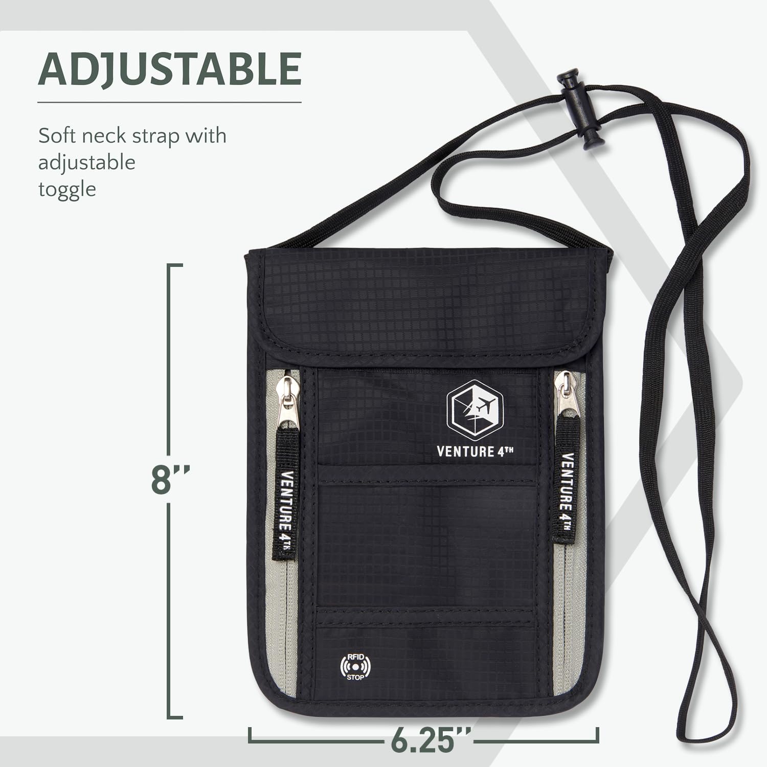 VENTURE 4TH Neck Wallet, RFID Blocking Passport Holder for Travel – Hidden Neck Pouch with 6 Compartments, Slim Lightweight Organizer with Adjustable Strap for Cash, Cards & Passport (Black)