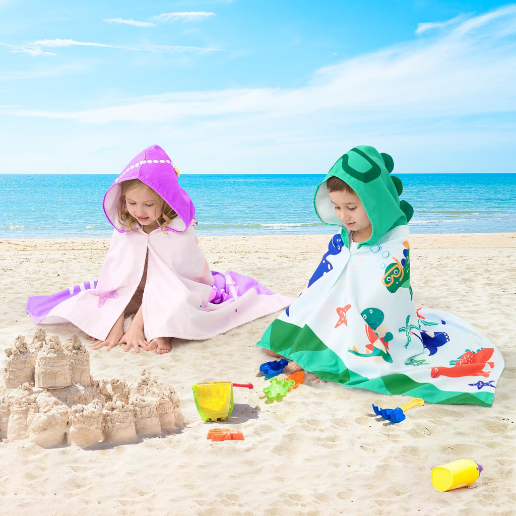 UOMNY Kids Hooded Beach Towel – 30" x 50", Soft Cotton Dinosaur Design for Ages 3-10, Pool & Bath Poncho