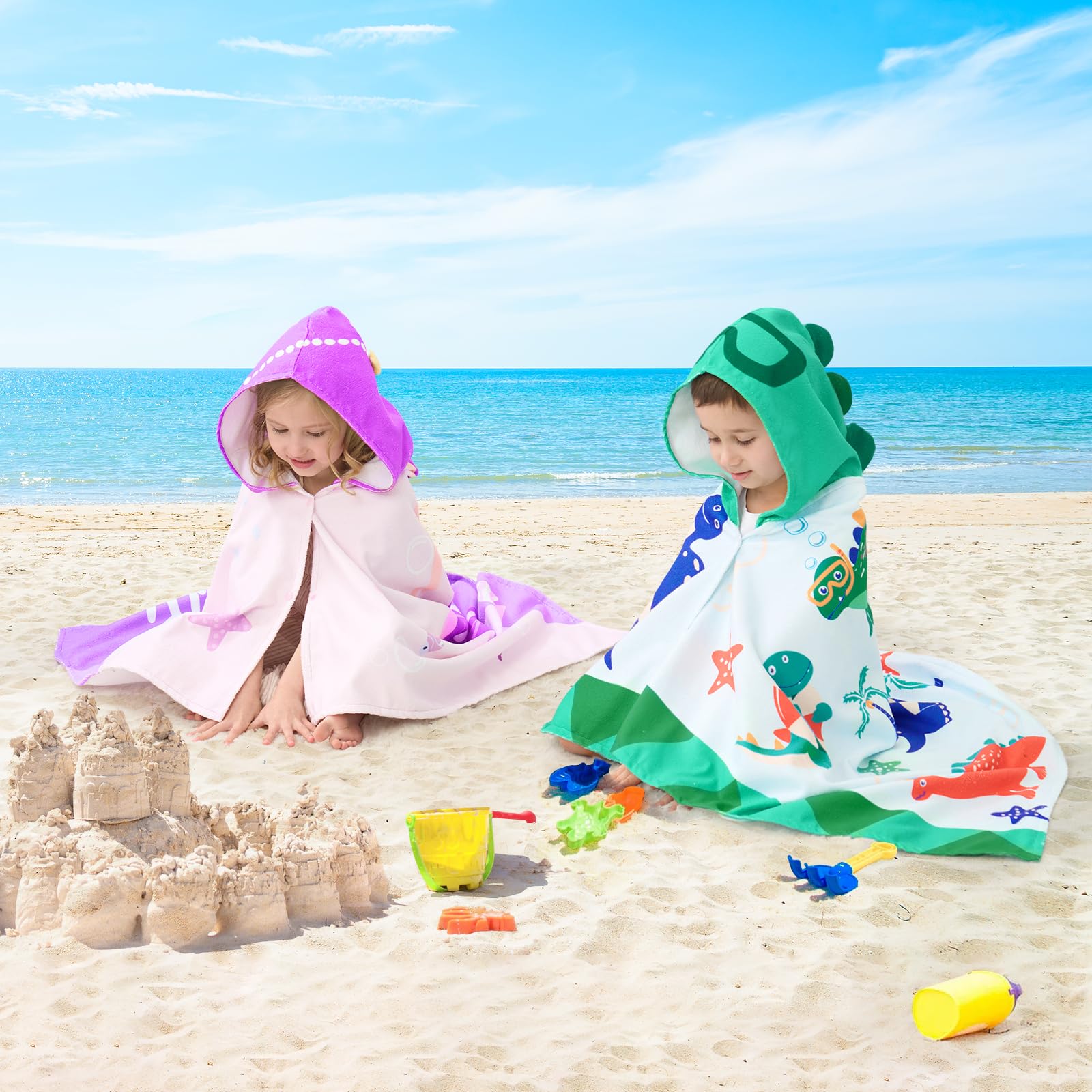 UOMNY Kids Hooded Beach Towel – 30" x 50", Soft Cotton Dinosaur Design for Ages 3-10, Pool & Bath Poncho